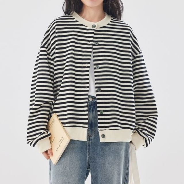 Rosamira-Crewneck Striped Button-Up Cardigan