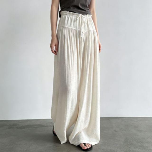 Rosamira-Drawstring Waist Plain Ruffle Wide Leg Pants