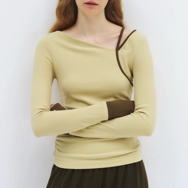 Rosamira-Long Sleeve Asymmetrical Neck Two Tone Panel Top