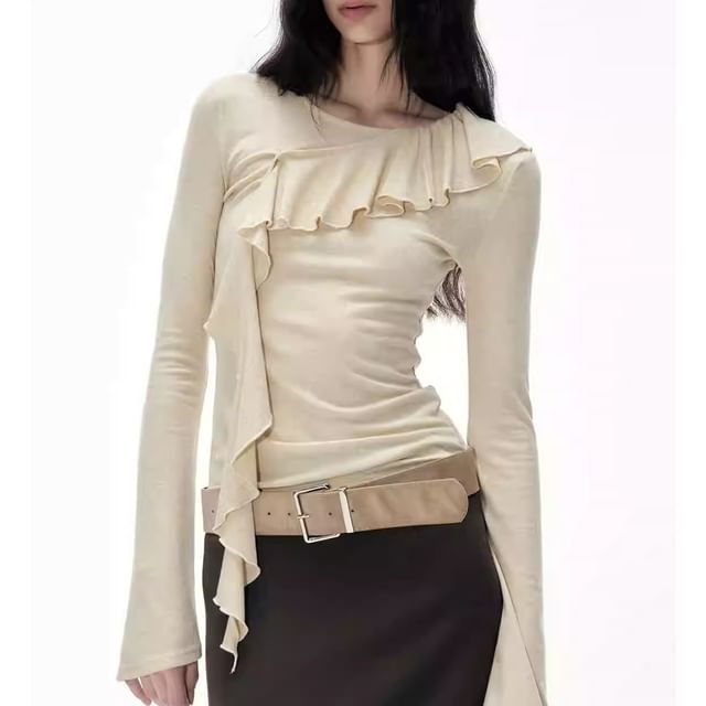 Rosamira-Long-Sleeve Asymmetrical Ruffle Plain Knit Top