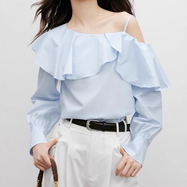 Rosamira-Long-Sleeve Cold Shoulder Plain Ruffle Trim Blouse