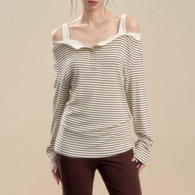 Rosamira-Long-Sleeve Cold Shoulder Striped Top Flared Pants