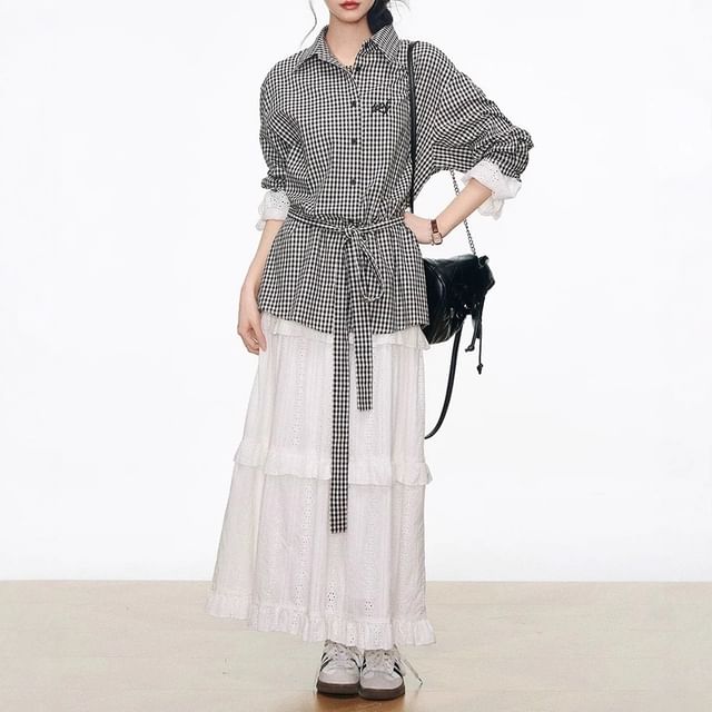 Rosamira-Long-Sleeve Collared Gingham Lace Panel Button-Up Blouse High Rise Plain Perforated Tiered Maxi A-Line Skirt