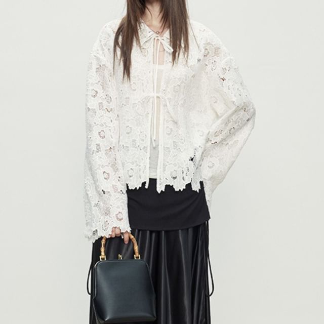 Rosamira-Long-Sleeve Collared Tie Front Lace Blouse