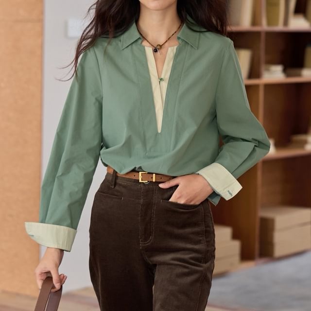 Rosamira-Long Sleeve Collared Two Tone Panel Shirt