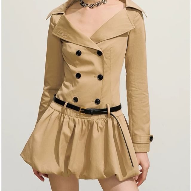 Rosamira-Long-Sleeve Lapel Collar Plain Bubble Hem Double-Breasted Mini A-Line Dress