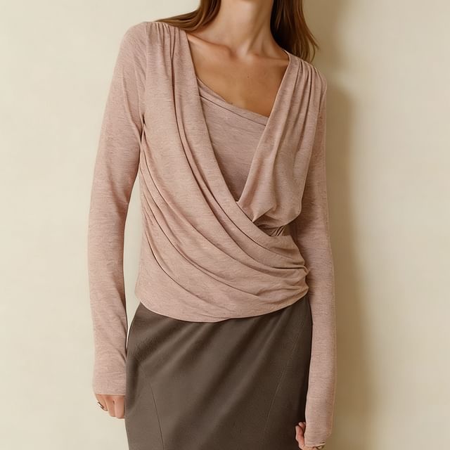 Rosamira-Long Sleeve Melange Ruched Mock Two Piece Wrap Top