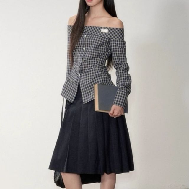 Rosamira-Long Sleeve Off Shoulder Plaid Button Top Mid Rise Plain Pleated Tie-Up Midi A-Line Skirt