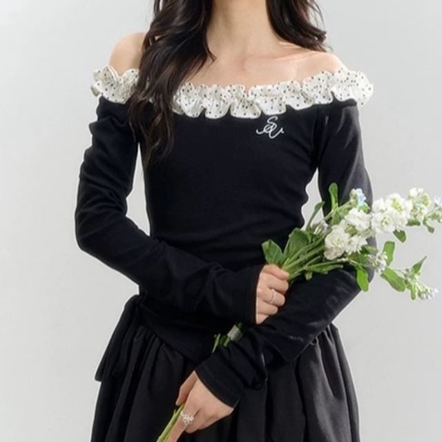 Rosamira-Long-Sleeve Off Shoulder Plain Ruffle Trim Tee