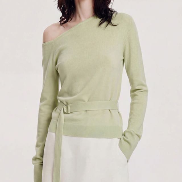 Rosamira-Long-Sleeve One-Shoulder Plain Knit Top
