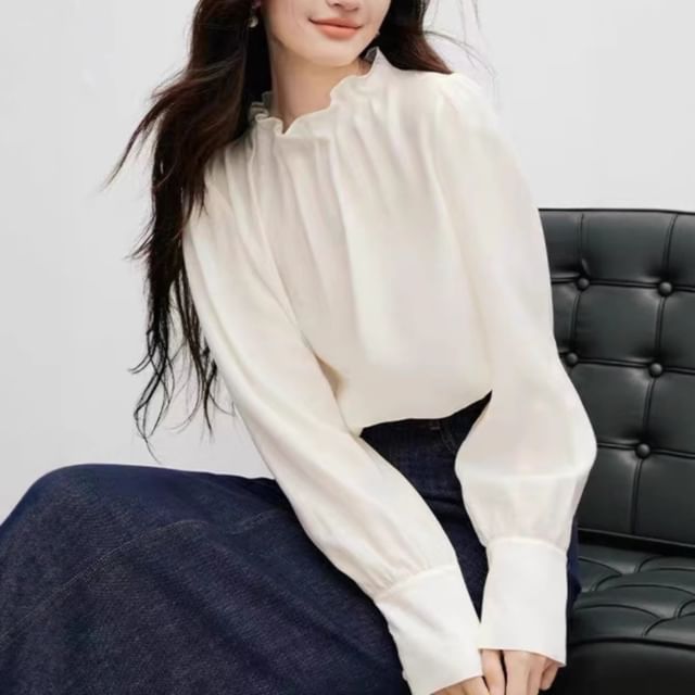 Rosamira-Long-Sleeve Ruffle Plain Blouse