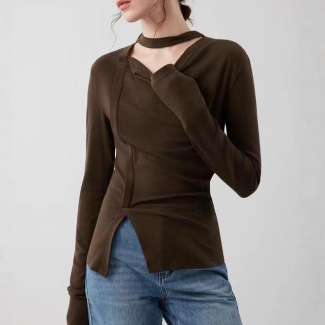 Rosamira-Long-Sleeve Scoop Neck Plain Slit Tee