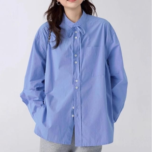 Rosamira-Long-Sleeve Stand Collar Button-Up Plain Blouse