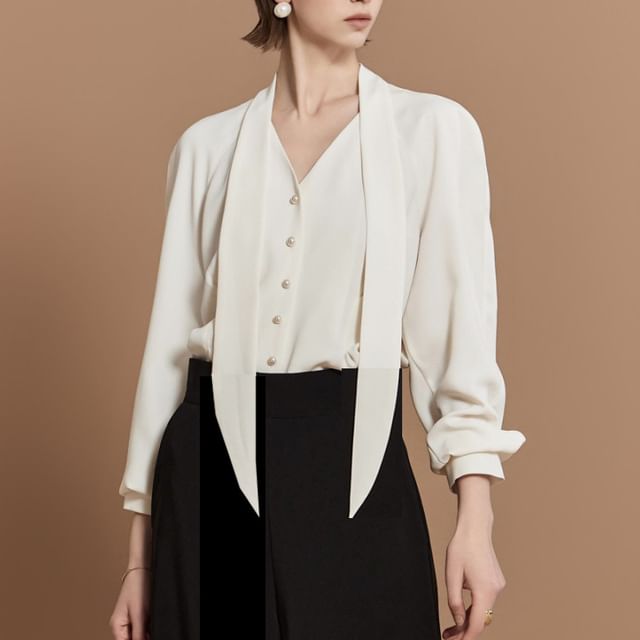Rosamira-Long-Sleeve Tie-Neck Plain Blouse