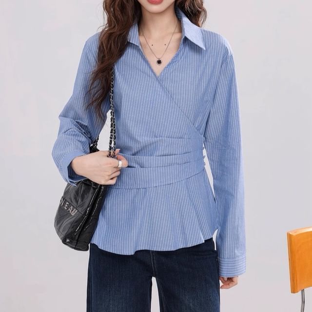 Rosamira-Long-Sleeve V-Neck Collared Striped Ruched Blouse