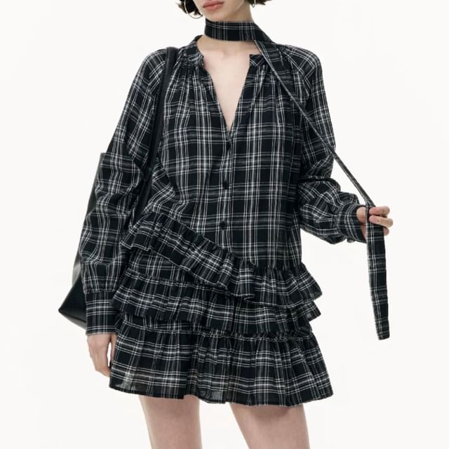Rosamira-Long Sleeve V-Neck Plaid Ruffle Button Mini A-Line Dress