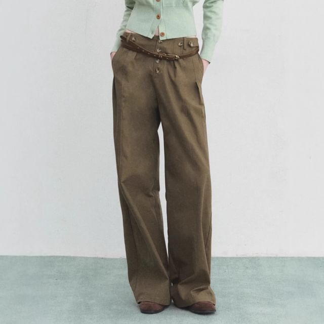 Rosamira-Low Rise Plain Button Fly Wide Leg Pants