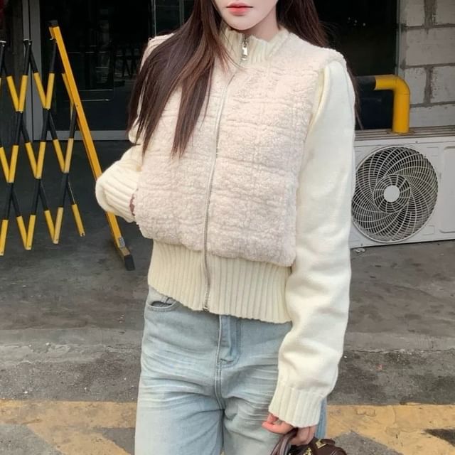 Rosamira-Mock Neck Plain Fleece Panel Zip Cardigan