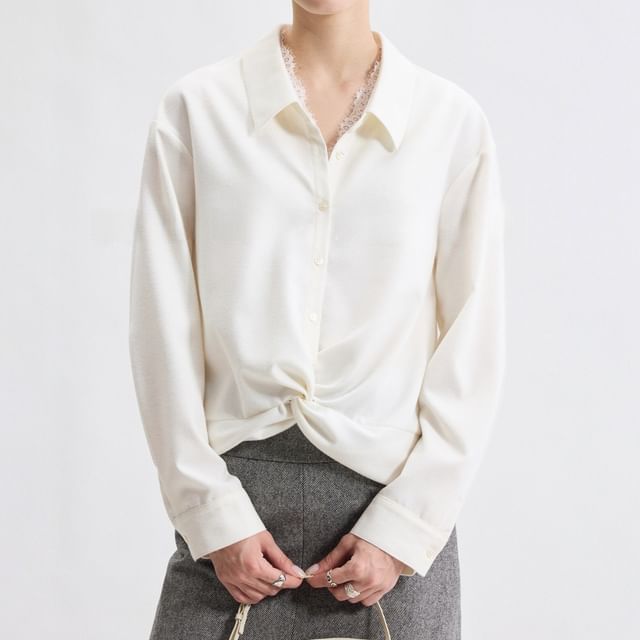 Rosamira-Mock Two-Piece Long-Sleeve Collared Lace Panel Button-Up Blouse