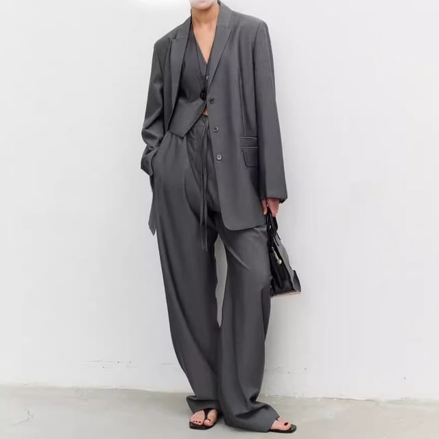 Rosamira-Notch Lapel Plain Single-Breasted Blazer V-Neck Vest Drawstring Waist Loose Fit Pants
