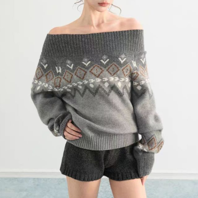 Rosamira-Off-Shoulder Jacquard Sweater