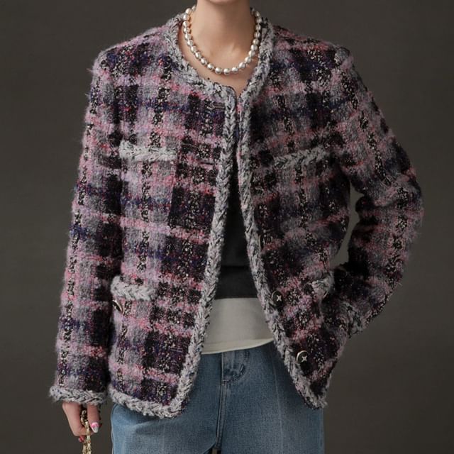 Rosamira-Plaid Tweed Button-Up Jacket