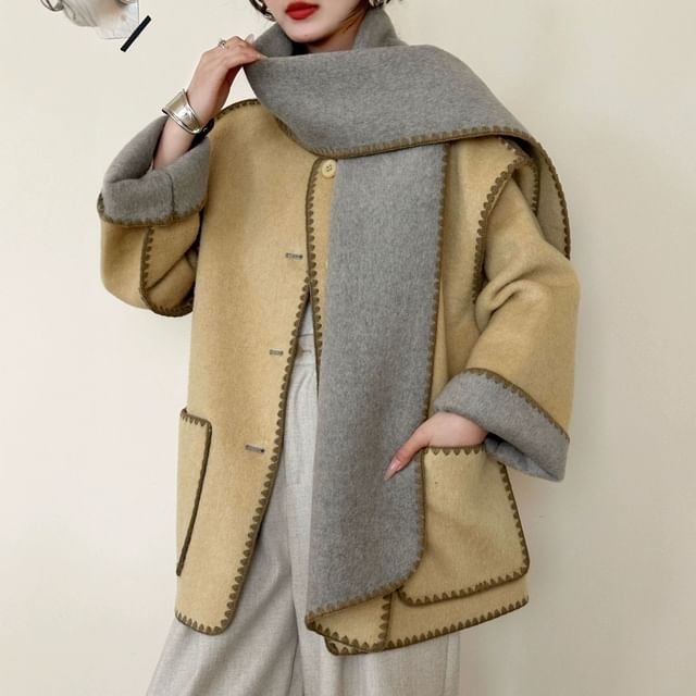 Rosamira-Plain Contrast Stitching Single-Breasted Jacket