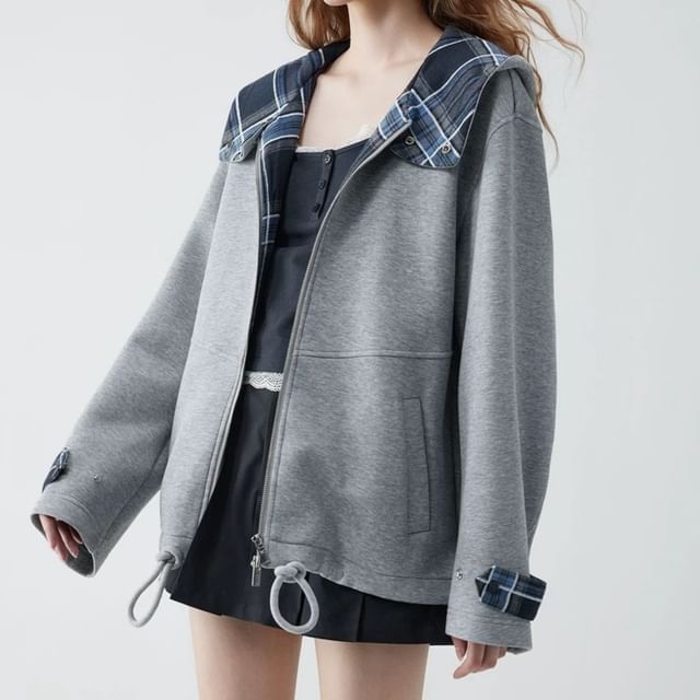 Rosamira-Plain Plaid Panel Hooded Zip Jacket