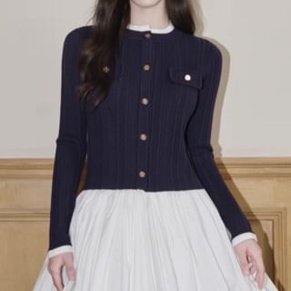 Rosamira-Round Neck Contrast Trim Button Up Cardigan