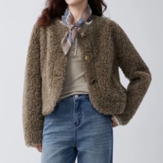 Rosamira-Round Neck Plain Button Teddy Jacket