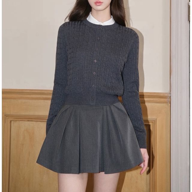 Rosamira-Round Neck Plain Cable Knit Cardigan