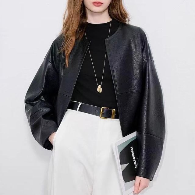 Rosamira-Round Neck Plain Faux Leather Open Front Jacket