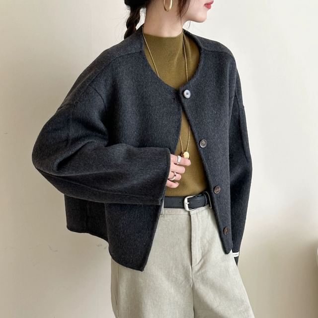 Rosamira-Round Neck Plain Single-Breasted Jacket