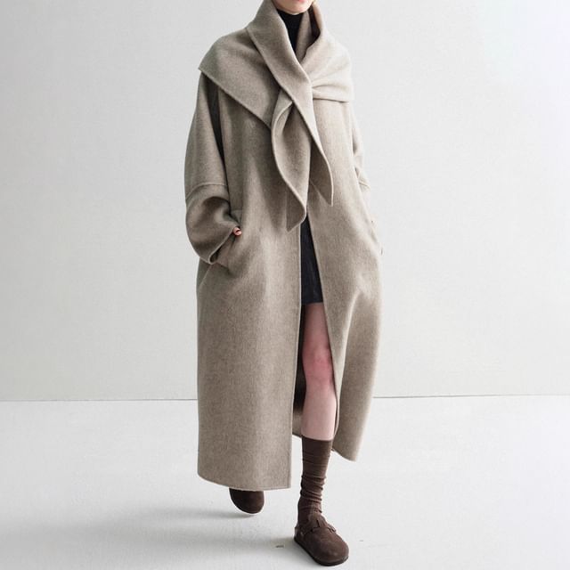 Rosamira-Set Collared One-Buttoned Plain Long Coat Scarf