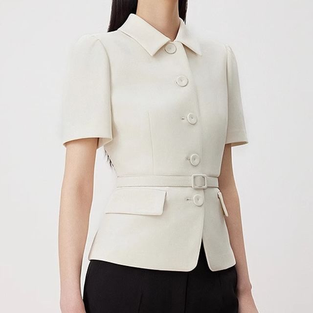 Rosamira-Short-Sleeve Plain Belted Button Jacket