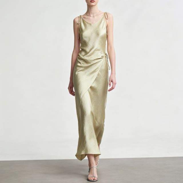 Rosamira-Spaghetti Strap Plain Ruched Maxi Sheath Dress