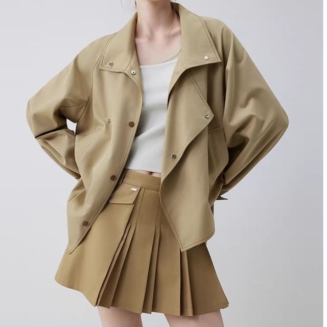 Rosamira-Stand Collar Asymmetrical Button-Up Plain Trench Jacket