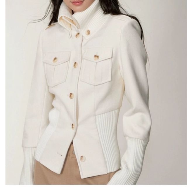 Rosamira-Stand Collar Plain Knit Panel Button Jacket