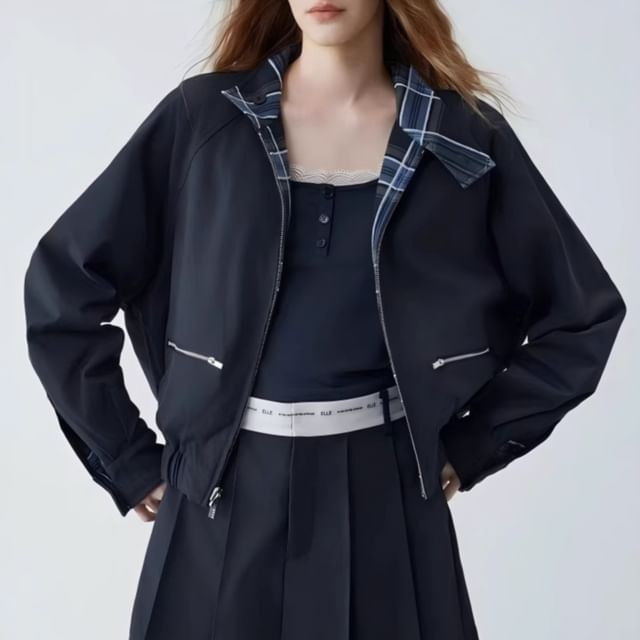 Rosamira-Stand Collar Plain Zip Jacket