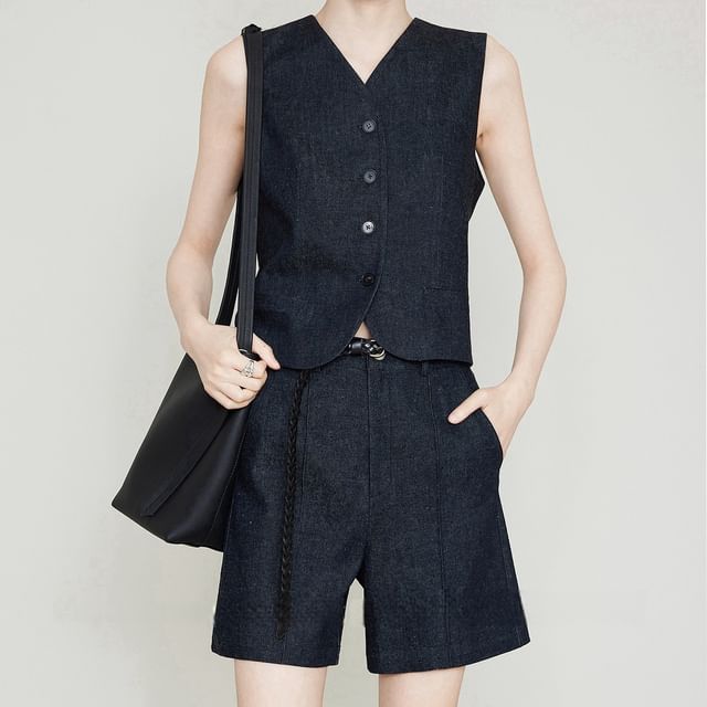 Rosamira-V-Neck Denim Button-Up Vest Shorts