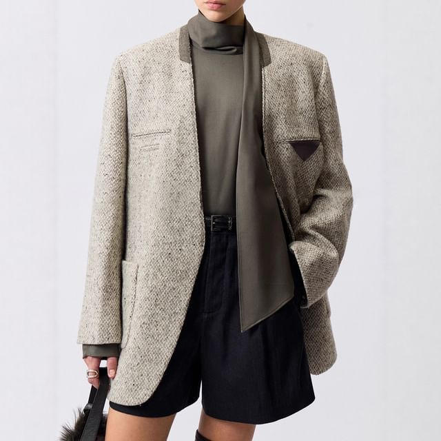 Rosamira-V-Neck One-Buttoned Tweed Oversized Blazer