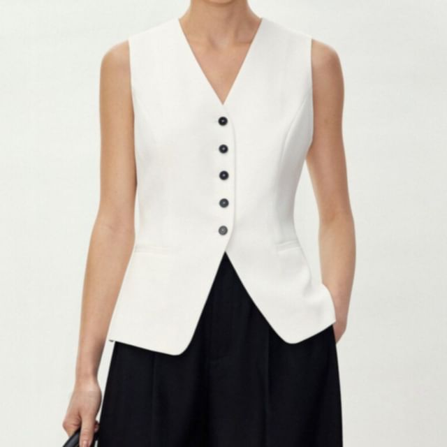 Rosamira-V-Neck Plain Front-Slit Single-Breasted Vest