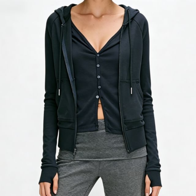 Rosamira-V-Neck Plain Mock Two Piece Button Zip Hoodie