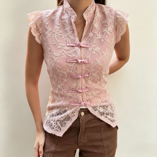 Rosesand-Cap Sleeve Lace Frog Button Slim-Fit Blouse