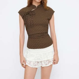 Rosesand-Cap Sleeve Mandarin Collar Dotted Top