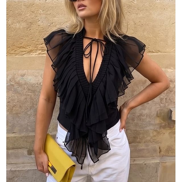 Rosesand-Cap Sleeve V-Neck Plain Ruffled Mesh Top