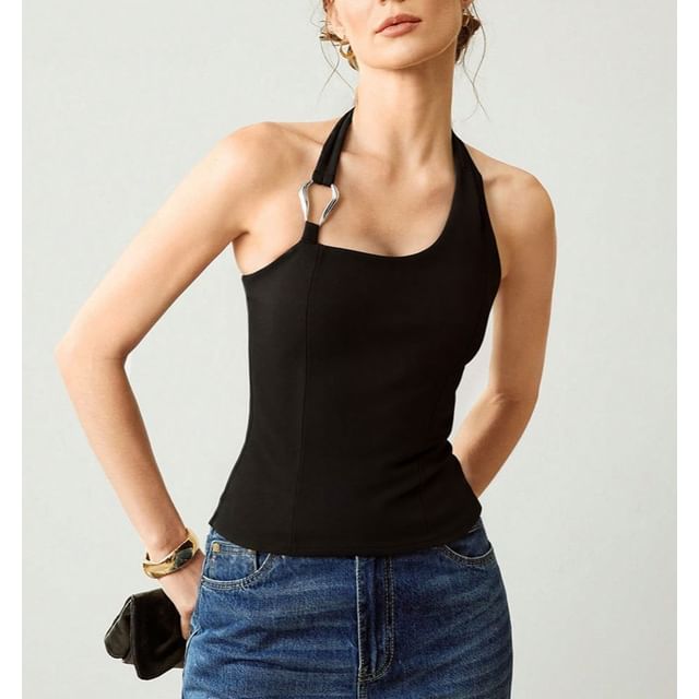 Rosesand-Halter Neck Plain Slim-Fit Tank Top