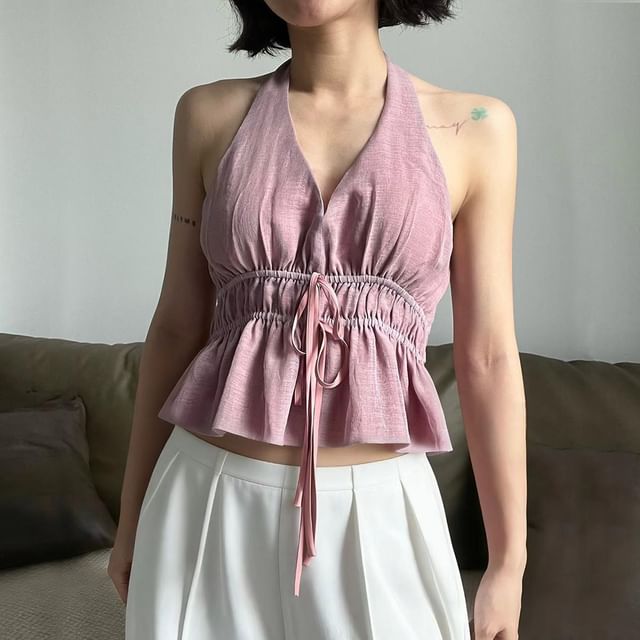 Rosesand-Halter V-Neck Plain Drawstring Open-Back Crop Peplum Tank Top