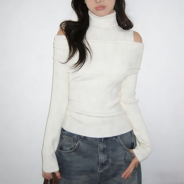 Rosesand-Long Sleeve Cold Shoulder Turtleneck Plain Panel Ribbed Knit Top