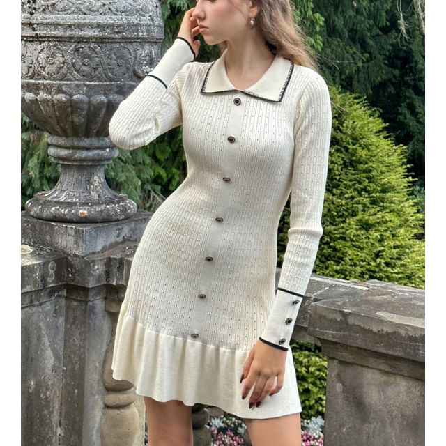 Rosesand-Long Sleeve Collared Contrast-Trim Ruffled-Hem Knitted Mini Dress